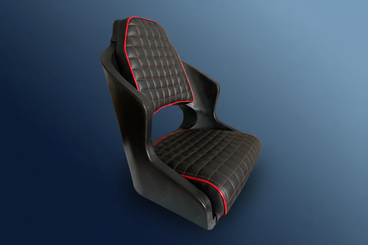 Black and red quilted seat with a white background