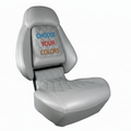 Marine seat with white background and multi-colored embroidered text