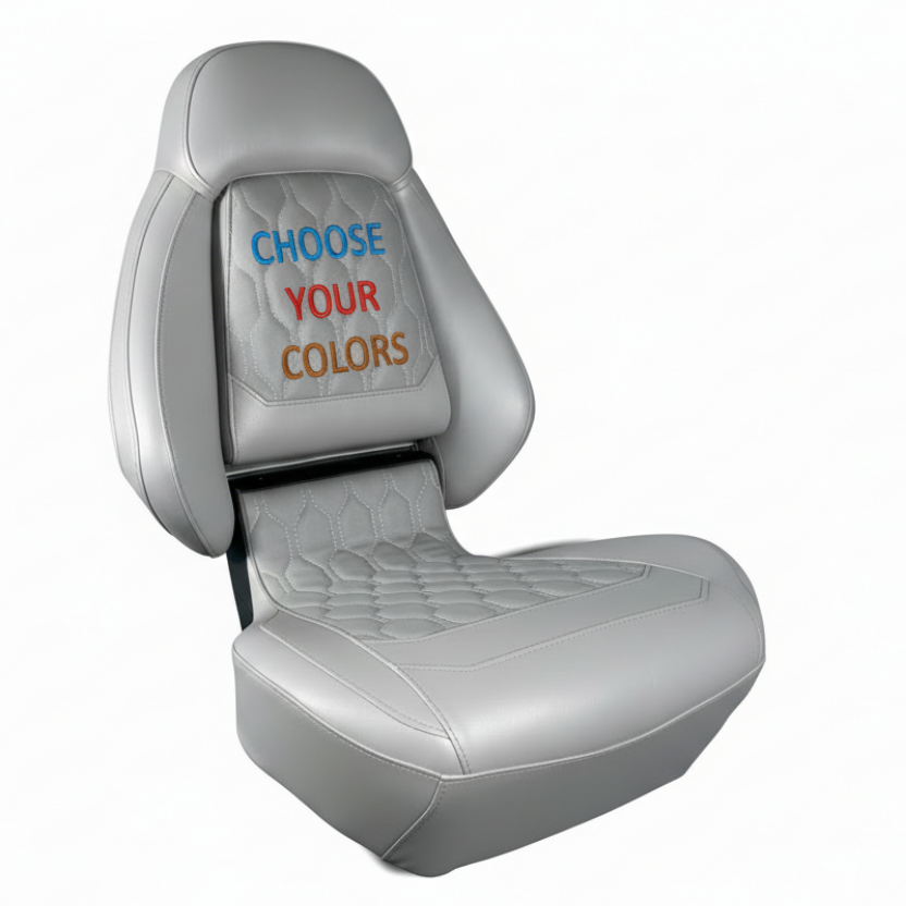 Marine seat with white background and multi-colored embroidered text